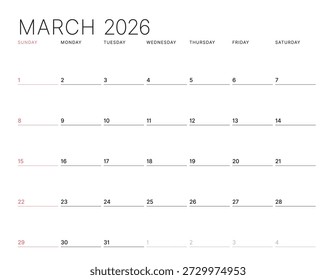 March 2026 calendar planner template. Week starts on Sunday. Minimalist vector illustration for schedule, agenda, and diary. Simple clean design for personal or business organization