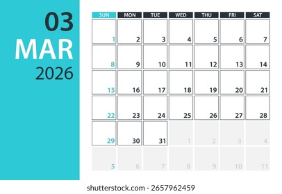 March 2026 Calendar Planner - Vector. Template Mock up