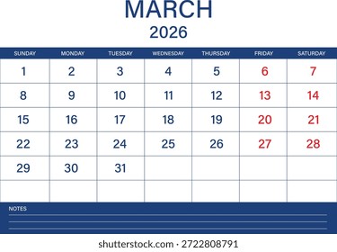 Plantilla del calendario de marzo de 2026, planificador mensual azul limpio con sección de notas.