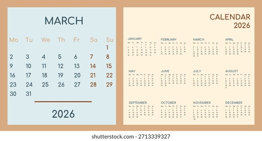 Plantilla de Vector de marzo de 2026. Un calendario colorido y de tonos cálidos para todo el año 2026 para la planificación y los negocios.