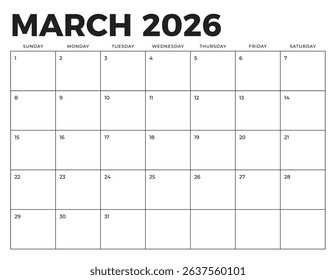 March 2026 Calendar. Week starts on Sunday. Blank Calendar Template. Fits Letter Size Page. Stationery Design.