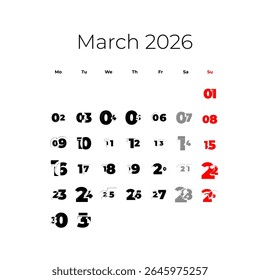 March 2026 calendar. The week starts on Monday, vector
