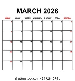 march 2026 with holydays or red dates. monthly calendar design with week starts on sunday. printable, simple, and clean vector design isolated on white background.