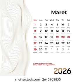 O calendário javanês de março de 2026 apresenta uma fusão harmoniosa de ciclos solar-lunares e sistema Pasaran de cinco dias em um projeto de onda abstrato.