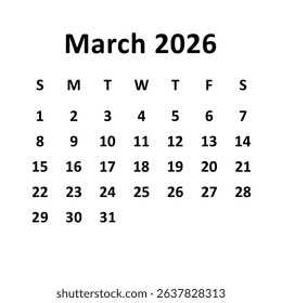 march 2026. monthly calendar design. week starts on sunday. printable, editable, simple, and clean vector design isolated on white background.