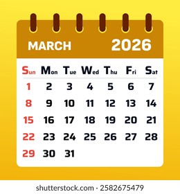 March 2026 Monthly Calendar and Planner, Strategic mar 2026 Time Planner.  Yellow march 2026 Calendar and Productivity Map. Flat design. Vector illustration.