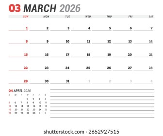O Modelo de Calendário Mensal de março de 2026 para Planejamento e Organização simplifica a programação de tarefas pessoais e de escritório com campos estruturados em branco. A semana começa no domingo. ilustração vetorial