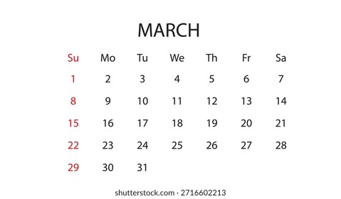 March 2026 Monthly Calendar Vector Template (Spring Season Planner, Professional Business Schedule Layout)