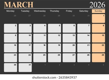 March 2026 monthly desk calendar for 2026 year, The week start on monday, EPS file vector.