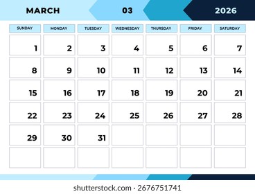 Marzo de 2026, diseño mensual del planificador. Calendario 2026, La Semana Comienza El Domingo, Una Página. Plantilla del planificador de diseño. Imprimir.