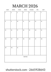 March 2026 Vertical Monthly Calendar. Sunday through Saturday Week. Includes Notes Section. Clean and Modern Planner Page Design. Fits Letter Size.