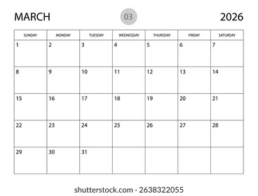 March 2026 year planner template, calendar 2026 template, monthly and yearly planners. organizer diary. week start Sunday, corporate planner template, Desk calendar 2026 year, Vector illustration