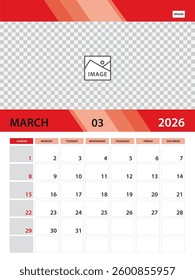 March 2026 year template, Calendar 2026 design vector, Desk calendar 2026, planner monthly design, Wall calendar, Vertical poster template, Week Starts on Sunday, printing media, red background