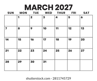 March 2027 Bold Type Calendar. Big Letters and Numbers. Blank Calendar Template. Fits Letter Size Page. Week starts on Sunday. Stationery Design.