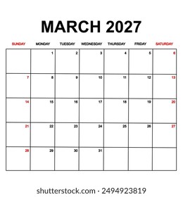 march 2027 calendar with holydays or red dates. monthly calendar design with week starts on sunday. printable, simple, and clean vector design isolated on white background.