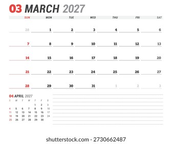 March 2027 calendar planner template. Week starts on Monday. Simple and clean design for efficient scheduling and organization. Vector illustration for a printable business agenda layout