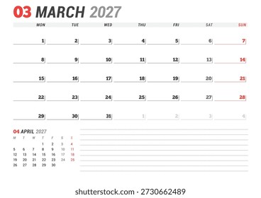 March 2027 calendar planner template. Week starts on Monday. Simple and clean design for efficient scheduling and organization. Vector illustration for a printable business agenda layout