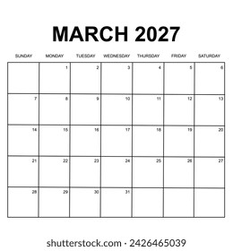 March 2027 calendar. Printable, simple, and clean calendar design. Week starts on sunday.