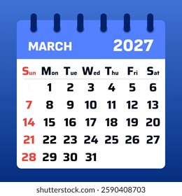 March 2027 calendar template featuring a clean layout, blue and white colors, and a modern design. Great for planning and organization.