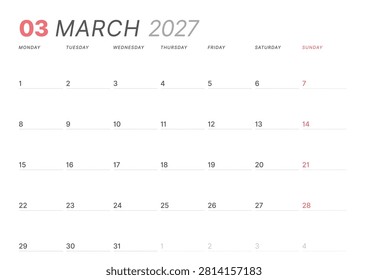 March 2027 monthly planner calendar template. Clean, minimalist vector illustration for web, print. Modern, simple schedule organizer, printable datebook page for business and personal use