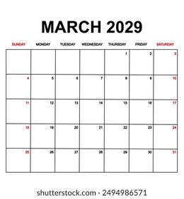 march 2029. Calendar with holydays or red dates. monthly calendar design with week starts on sunday. printable, simple, and clean vector design isolated on white background.