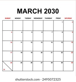 march 2030. Calendar with holydays or red dates. monthly calendar design with week starts on sunday. printable, simple, and clean vector design isolated on white background.