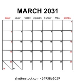 march 2031. Calendar with holydays or red dates. monthly calendar design with week starts on sunday. printable, simple, and clean vector design isolated on white background.