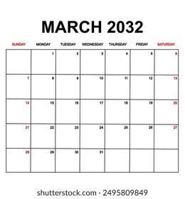 march 2032. Calendar with holydays or red dates. monthly calendar design with week starts on sunday. printable, simple, and clean vector design isolated on white background.