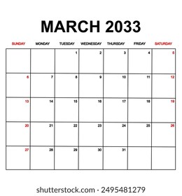 march 2033. Calendar with holydays or red dates. monthly calendar design with week starts on sunday. printable, simple, and clean vector design isolated on white background.