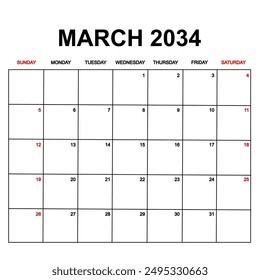 march 2034. Calendar with holydays or red dates. monthly calendar design with week starts on sunday. printable, simple, and clean vector design isolated on white background.