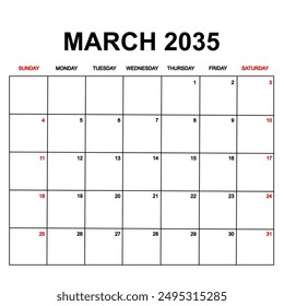 march 2035. Calendar with holydays or red dates. monthly calendar design with week starts on sunday. printable, simple, and clean vector design isolated on white background.