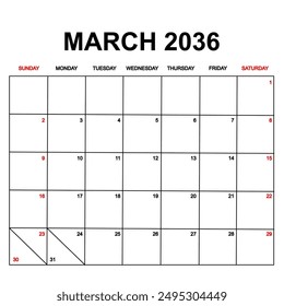 march 2036. Calendar with holydays or red dates. monthly calendar design with week starts on sunday. printable, simple, and clean vector design isolated on white background.