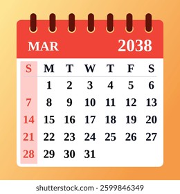 March 2038 Calendar Layout. Background for seasonal planning. Monthly organizer in vector format. Flat design