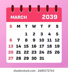 March 2039 Calendar Layout. Background for seasonal organization. Simple vector planner. Flat design