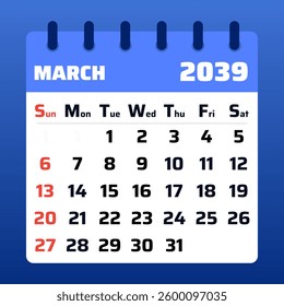March 2039 Calendar Template. Background for seasonal organization. Monthly planner in vector format. Flat design