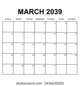 march 2039. monthly calendar for 2039. week starts on sunday. printable, simple, and clear design isolated on white background. calendar vector design.