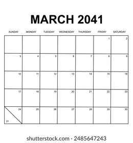 march 2041. monthly calendar design. week starts on sunday.  printable, simple, clean vector design isolated on white background.