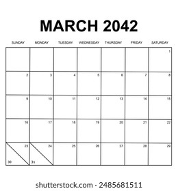 march 2042. monthly calendar design. week starts on sunday. printable, simple, and clear vector design isolated on white background.