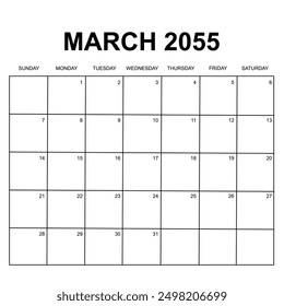 march 2055. monthly calendar design. week starts on sunday. printable, simple, and clean vector design isolated on white background.