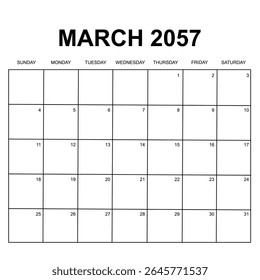 March 2057. monthly calendar design. week starts on Sunday. printable, editable, simple, and clean vector design isolated on white background.