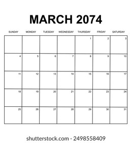 march 2074. monthly calendar design. week starts on sunday. printable, simple, and clean vector design isolated on white background.