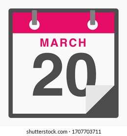 March 20th Flat icon calendar isolated on white background. Vector illustration