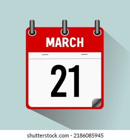 March 21, calendar icon vector illustration, isolated on light blue background.