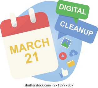 Recordatorio de la fecha de limpieza digital del 21 de marzo. Calendario de limpieza digital ideal para recordatorios de campaña. Concepto de gestión digital de residuos. Diseño plano. Ilustración vectorial