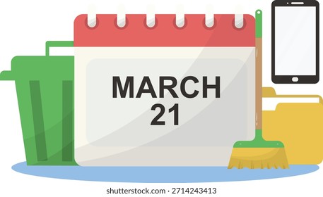 March 21 digital cleanup isolated. Flat digital cleanup day reminder with March 21 calendar isolated on transparent background, ideal for campaigns. Clear Out Your Files concept. Vector illustration