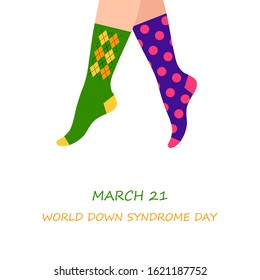 March 21, world down syndrome day. vector flat illustration. feet in colored different socks.