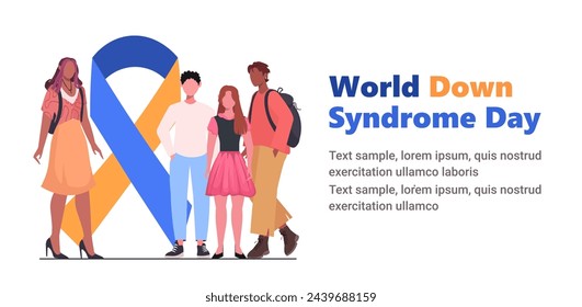 March 21 is World Down Syndrome Day. A group of boys and girls stands near a yellow blue ribbon. Down Syndrome Awareness vector illustration. 