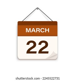 22 de marzo, icono del calendario con sombra. Día, mes. Hora de cita de la reunión. Fecha de programación del evento. Ilustración vectorial plana. 
