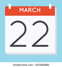 March 22. Calendar icon. Vector illustration in flat design isolated in blue background. Date and time, day, month.