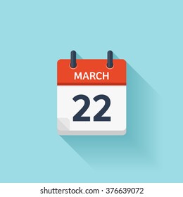 March 22.Calendar icon.Vector illustration,flat style.Date,day of month:Sunday,Monday,Tuesday,Wednesday,Thursday,Friday,Saturday.Weekend,red letter day.Calendar for 2017 year.Holidays in March.